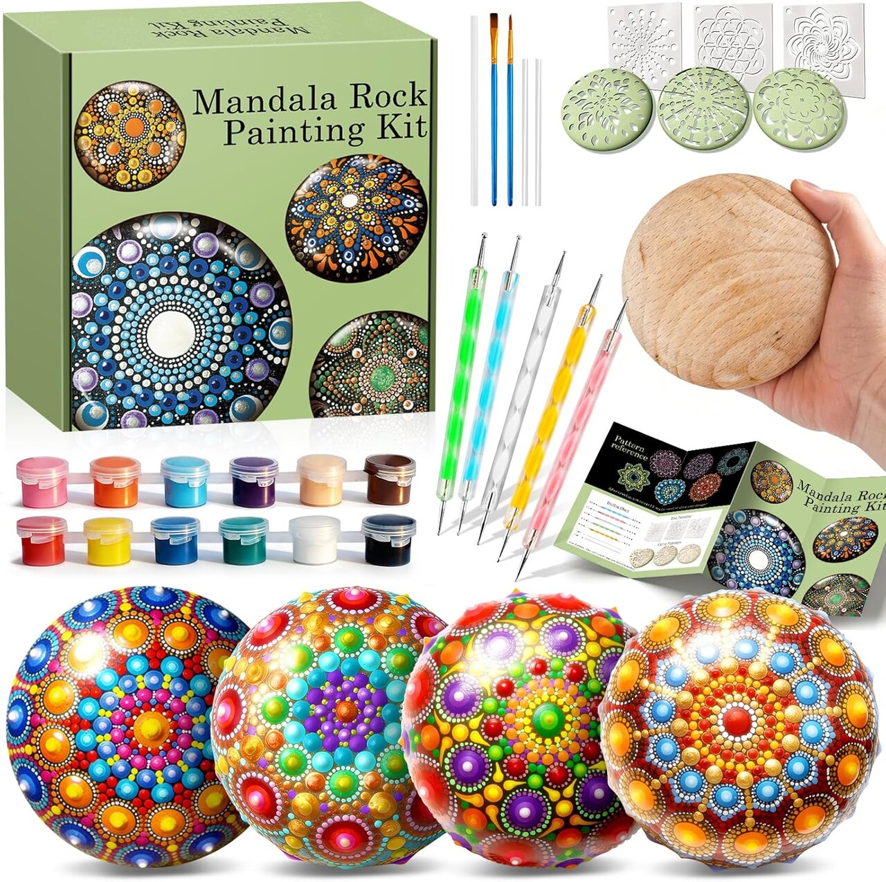 Paint by Numbers Kits for Adults – Mandala Rock Painting Dot Art Kit with Wooden Rocks, Acrylic Paints, Stencils & Dotting Tools, DIY Relaxing Craft Set for Beginners and Hobby Artists